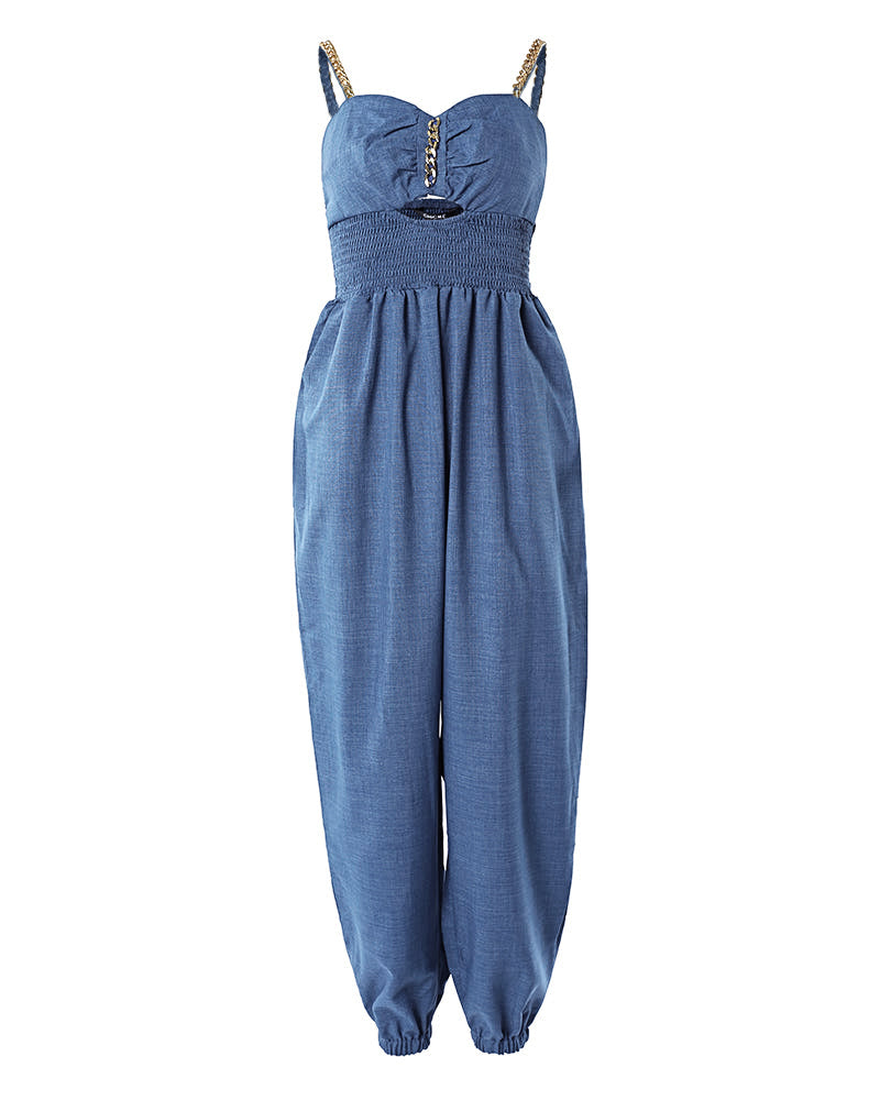 Women's Chain Decor Straps Jumpsuit Hollow Out Shirred Waist Overalls Casual Jogger Jumpsuit with Pockets