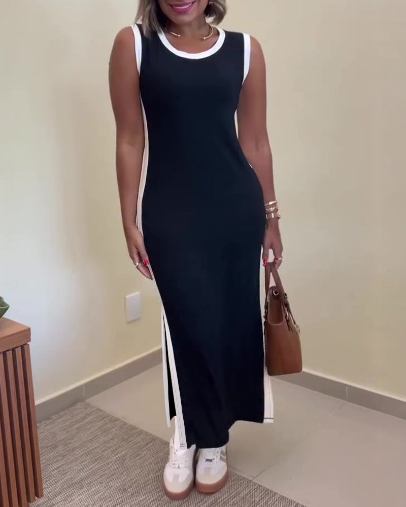 Women's Contrast Binding Tank Dress Slim Fit Sleeveless Maxi Dress Side Slit Casual Knit Sundress