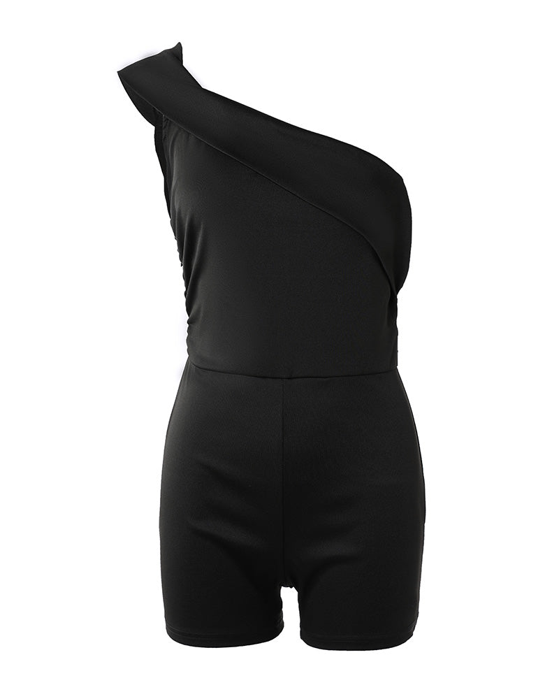 Women's Foldover One Shoulder Romper Slim Fit Sleeveless High Waist Romper