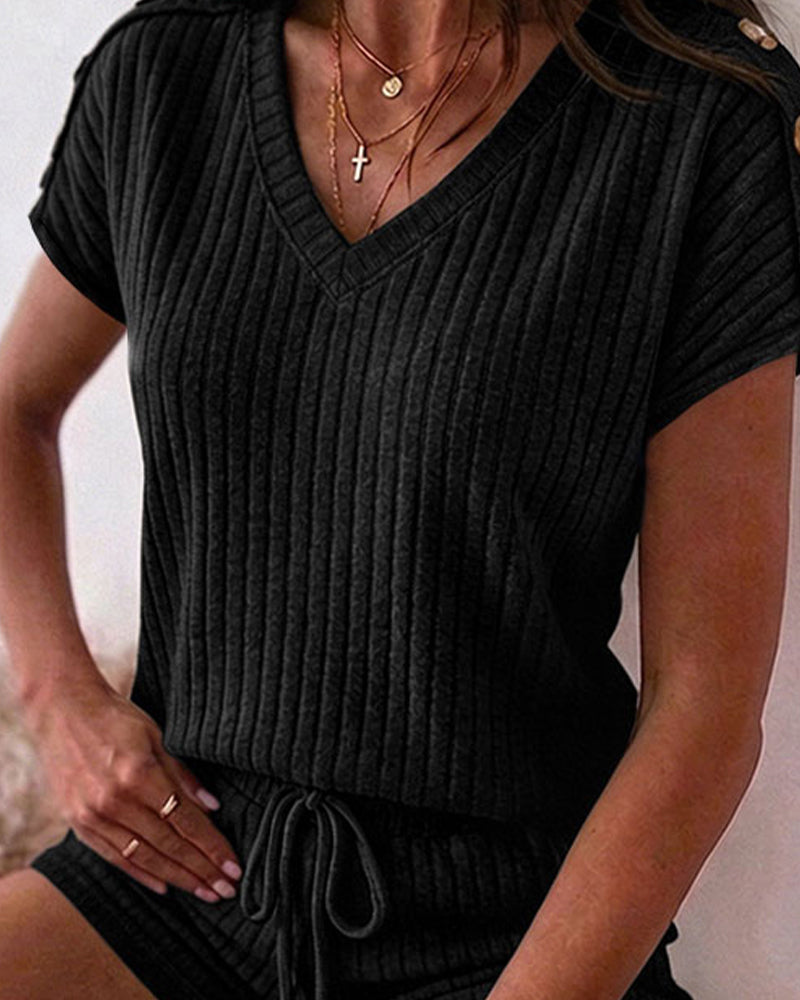 Women's Ribbed Knit 2 Piece Outfits V Neck Short Sleeve Top and Drawstring Shorts Set Casual Lounge Suits with Pockets