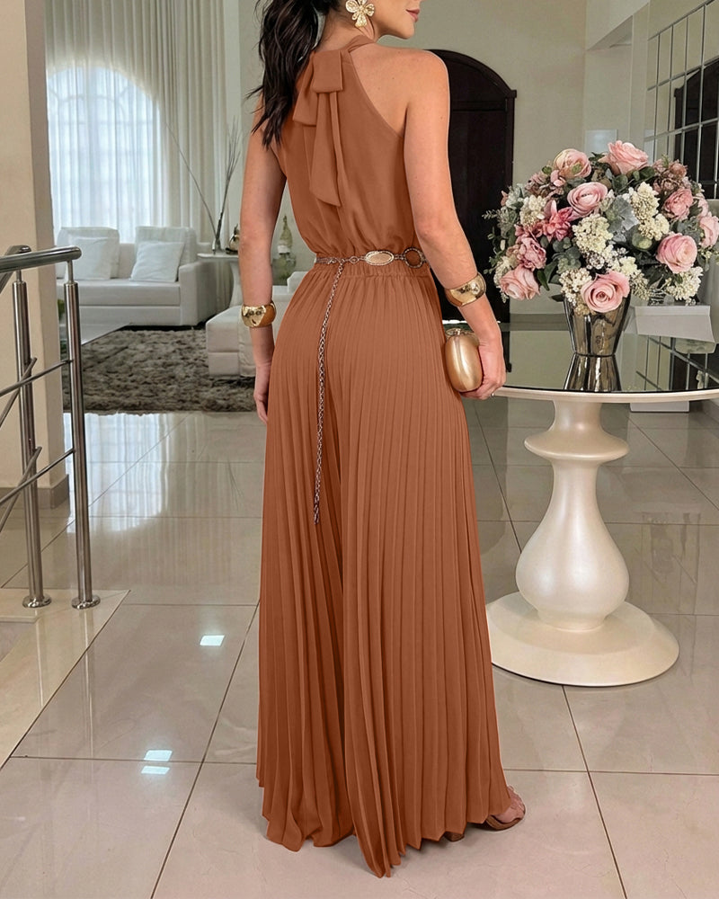 CHICME Women's Halter Tie Wide Leg Jumpsuit Pleated High Waist One-Piece Romper Elegant Sleeveless Evening Party Jumpsuit without Waist Chain