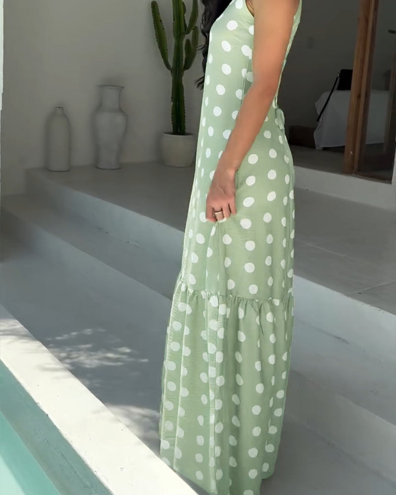 Women's Polka Dot Maxi Dress Casual Sleeveless Lace up Back Vacation Dress Elegant Ruffle Hem Loose A Line Long Sundress