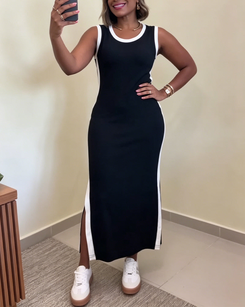 Women's Contrast Binding Tank Dress Slim Fit Sleeveless Maxi Dress Side Slit Casual Knit Sundress
