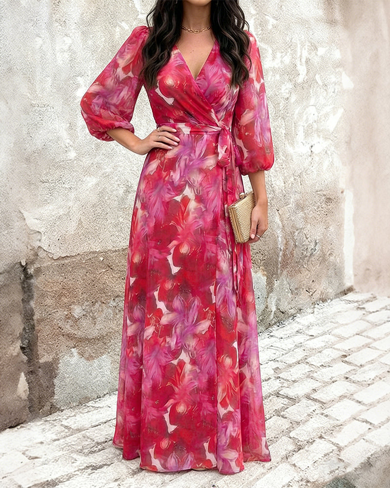 Women's Floral Print Wrap Knot Side Dress V Neck Three Quarters Sleeve Chiffon Maxi Dress High Slit Vacation Dress