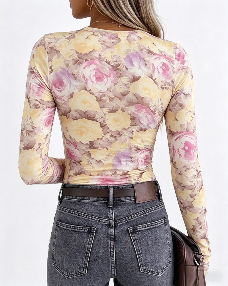 Women's Floral Print Long Sleeve Top Slim Fit Crewneck Tee Casual Stretchy Base Layer Top with Thumb Holes