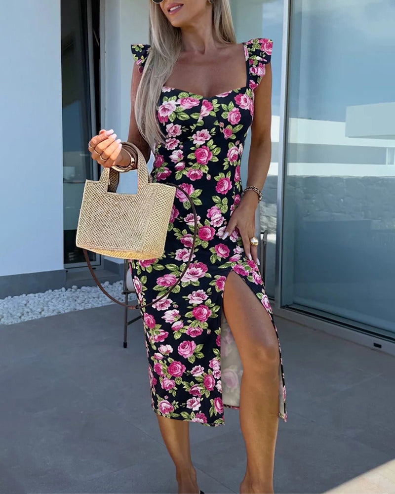 Women's Floral Midi Dress Sweetheart Neck Flutter Sleeve Side Slit Sundress Backless Vacation Dress with Built-In Bra