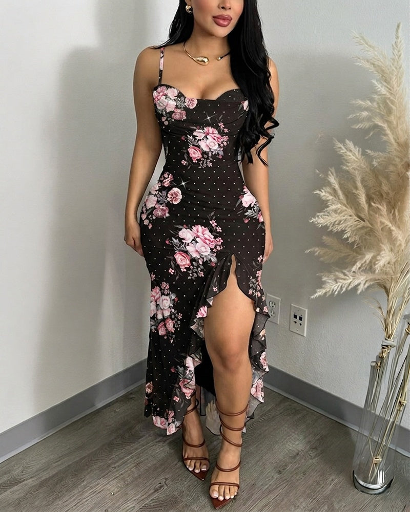 Women's Floral Cowl Neck Cami Midi Dress Casual Rhinestone Mesh Vacation Dress Slit Ruffle Hem Sundress