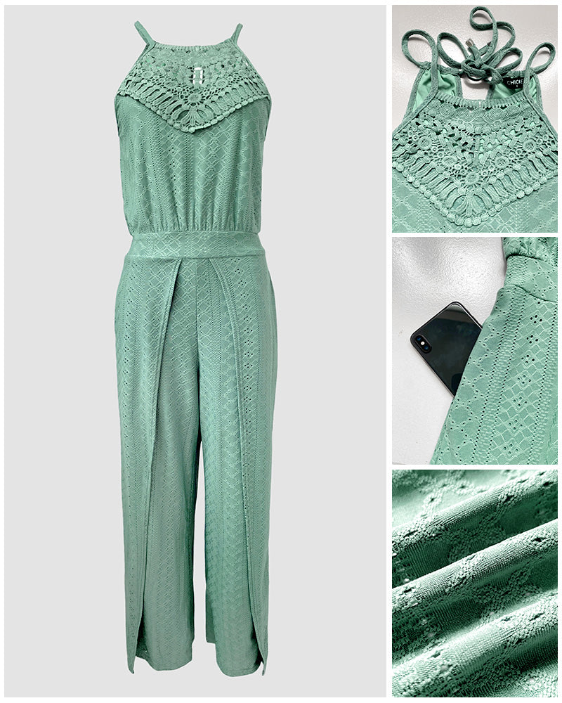 2 Pieces Outfit Halter Tie Guipure Lace Spliced Front Hollow-out Back Top and Elastic Back Waist Wrapped Slit Pants Set Casual Jacquard Textured Vacation Set