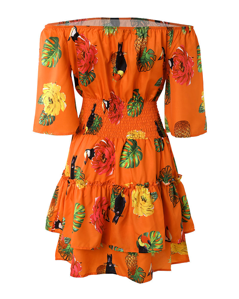 Women's Stretchy Off Shoulder Vacation Dress Tropical Fruit Floral Shirred Waist Ruffle Hem A Line Dress