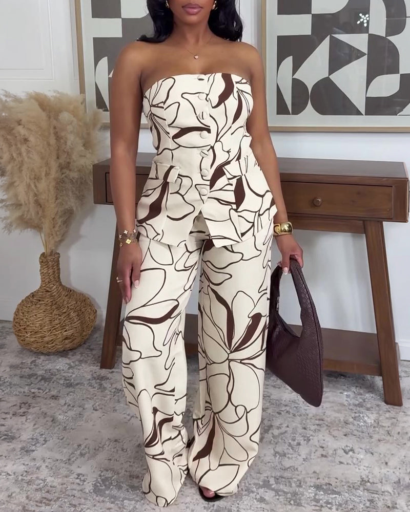 Women's Abstract Print Two Piece Outfits Tube Top and High Waist Wide Leg Pants Set with Detachable Clear Straps