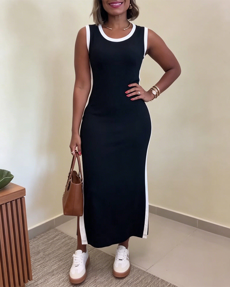 Women's Contrast Binding Tank Dress Slim Fit Sleeveless Maxi Dress Side Slit Casual Knit Sundress