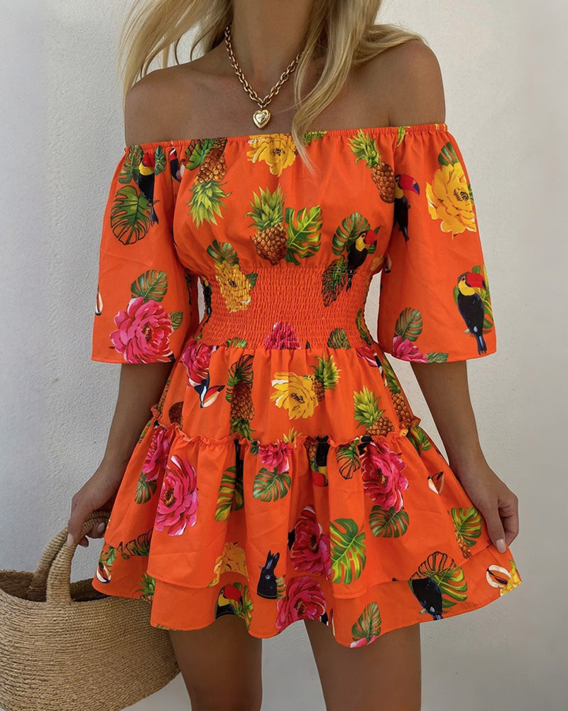 Women's Stretchy Off Shoulder Vacation Dress Tropical Fruit Floral Shirred Waist Ruffle Hem A Line Dress