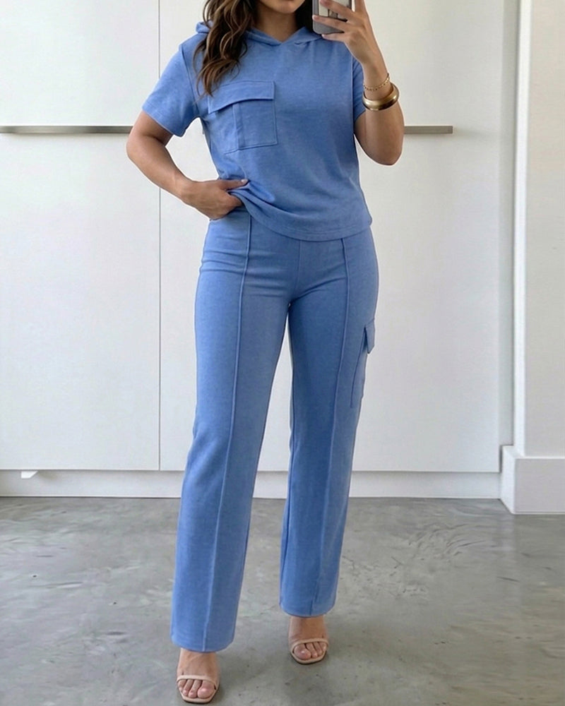 Women's Two Piece Outfits Short Sleeve Hoodie Top and High Waist Cargo Straight Leg Pants Set Casual Lounge Tracksuit