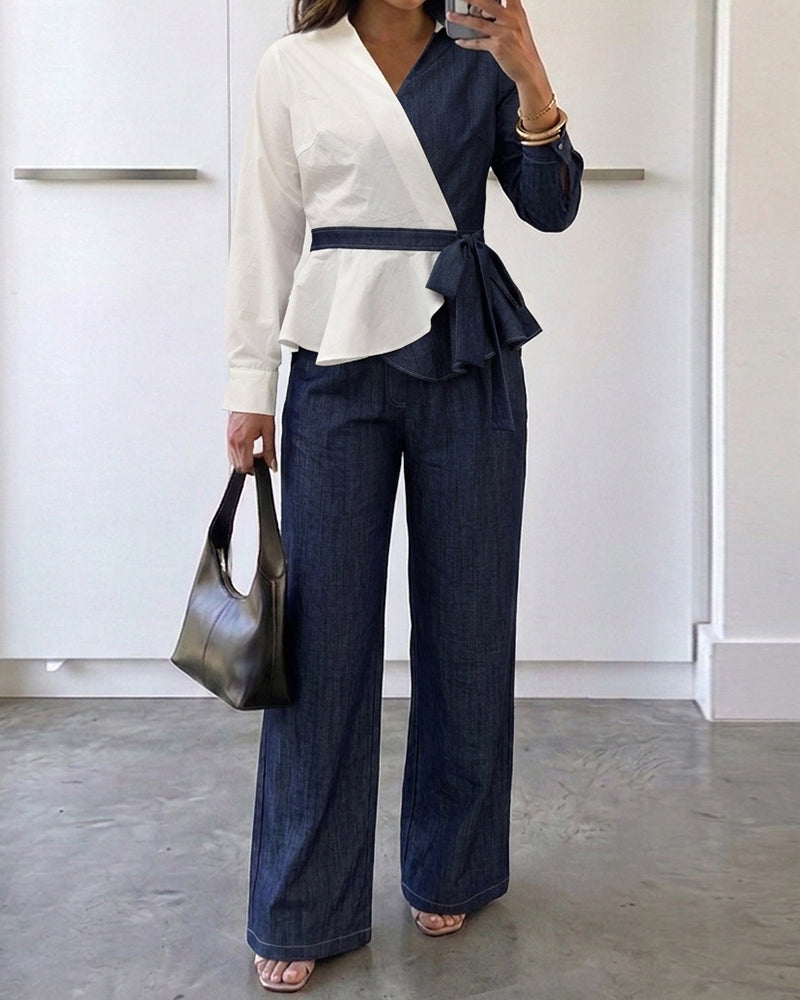 Women's 2-Piece Denim Set Asymmetric Contrast Peplum Top and High Waist Wide Leg Jeans Set with Belt