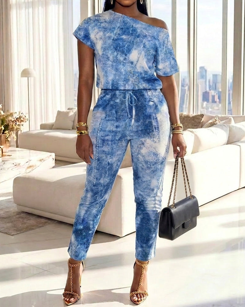 Women's Denim Look Print Skew Neck Jumpsuit Short Sleeve Drawstring Waist Slim Fit Overalls