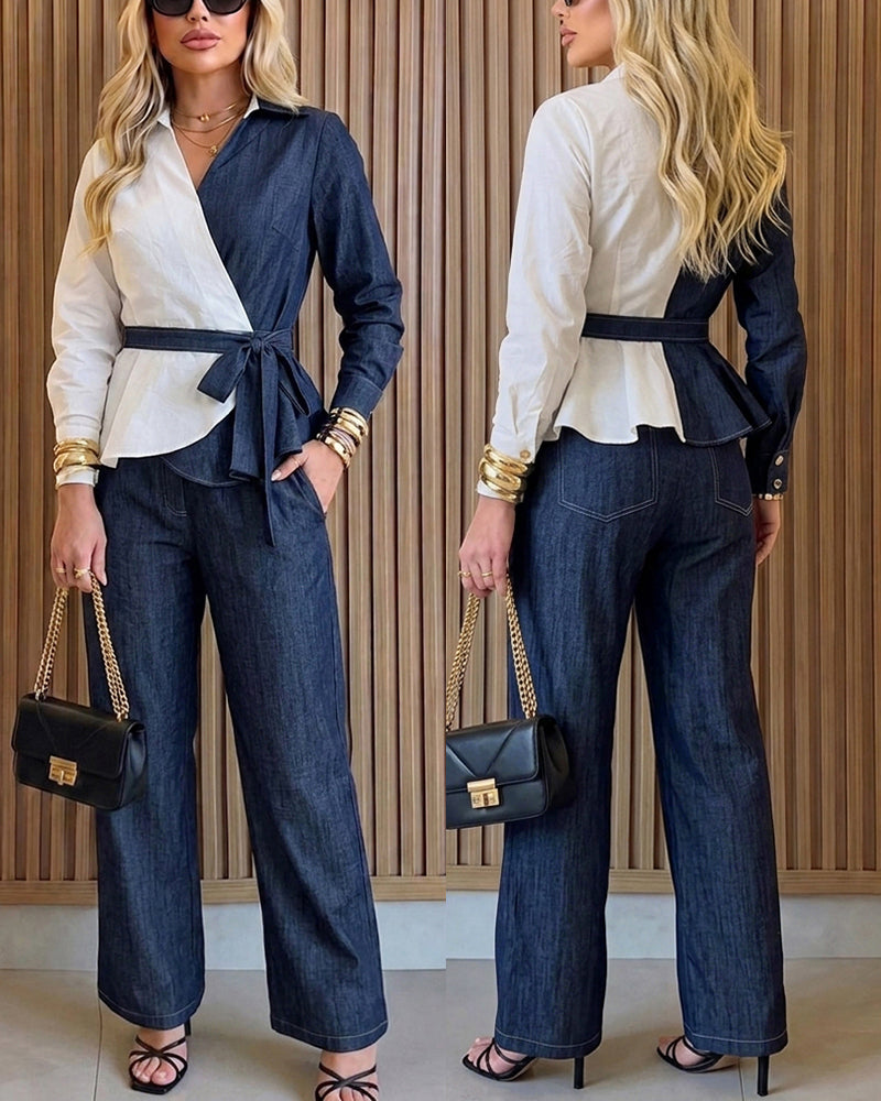 Women's 2-Piece Denim Set Asymmetric Contrast Peplum Top and High Waist Wide Leg Jeans Set with Belt