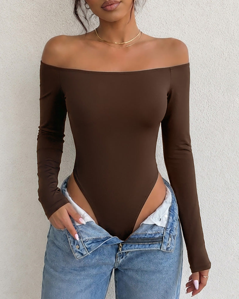 Women's Off Shoulder Bodysuit Minimalist Long Sleeve Sexy Slim Fit Bodysuit with Built-In Bra