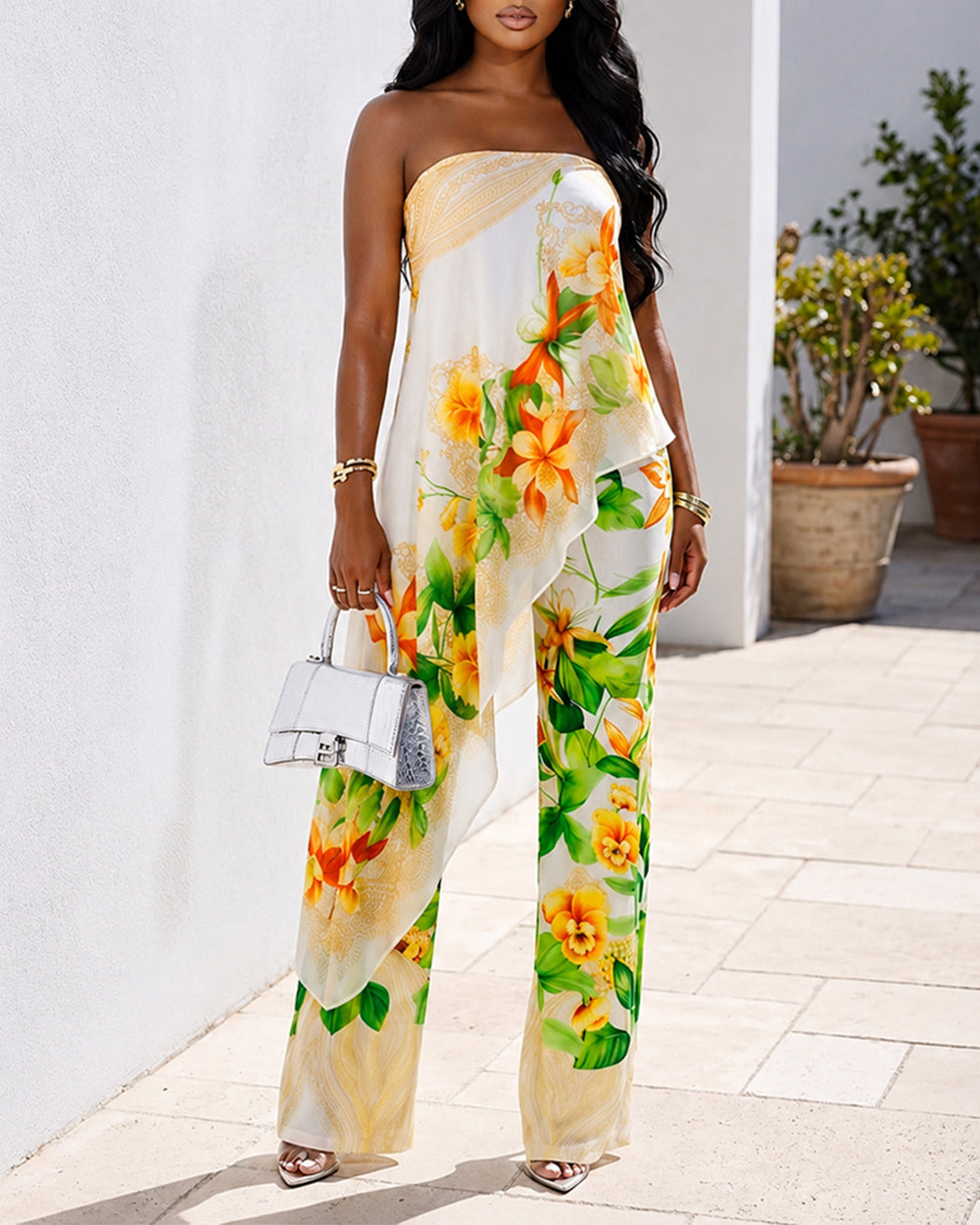 Women's Tropical Floral Jumpsuit Sexy Strapless Tube Overalls High Waisted Faux Two-Piece Jumpsuits with Detachable Clear Straps