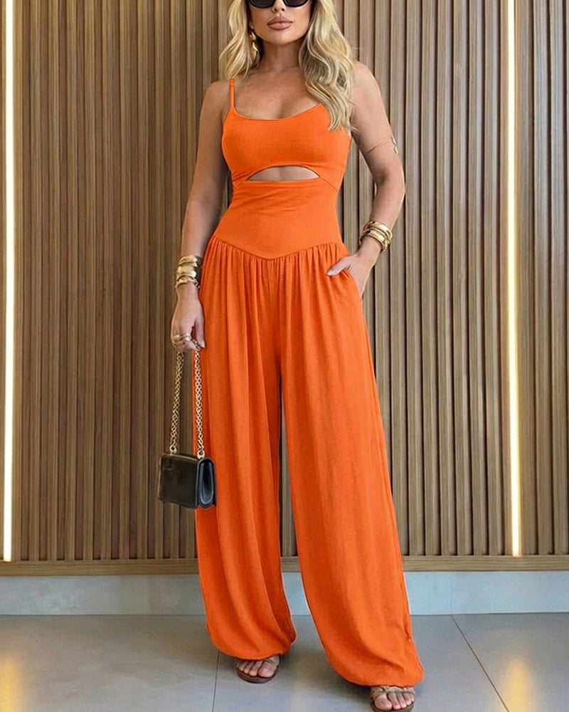 CHICME Women's Cut-out Waist Cami Jumpsuit Backless Tie-Back Lantern Romper Ruched High Waist Summer Jumpsuit