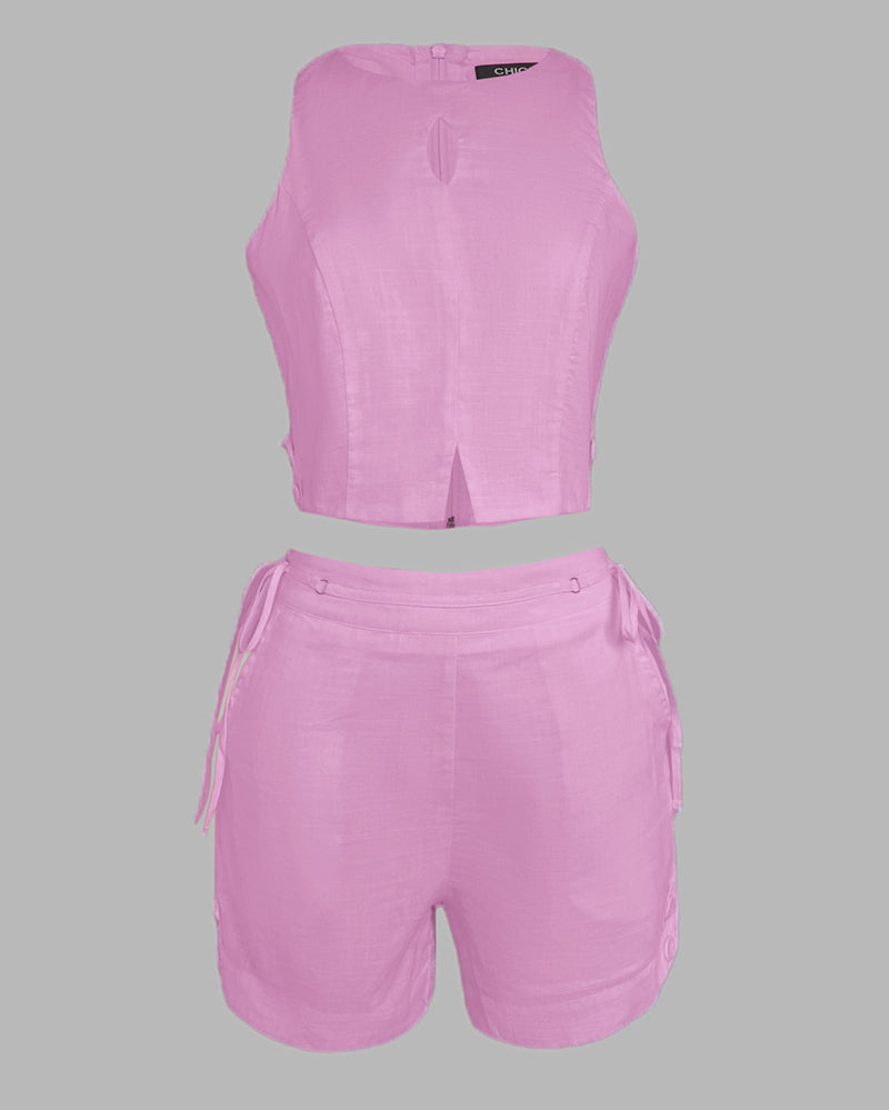 2 Pieces Outfit Button Decor Sleeveless Hollow-out Front Zipper Back Crop Top and Casual Elastic Back Waist Tie Side Shorts Set