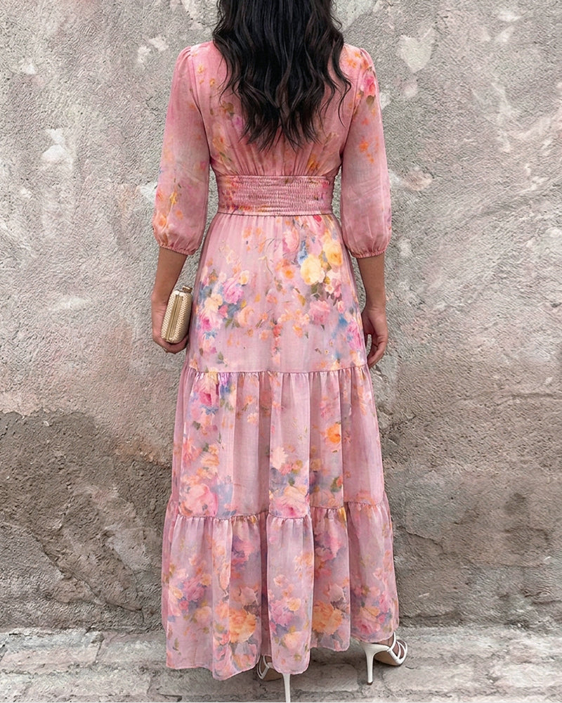 CHICME Women's Watercolor Floral V-Neck Shirred High Waist Maxi Dress Three Quarters Lantern Sleeve A-Line Ruffle Hem Chiffon Vacation Dress
