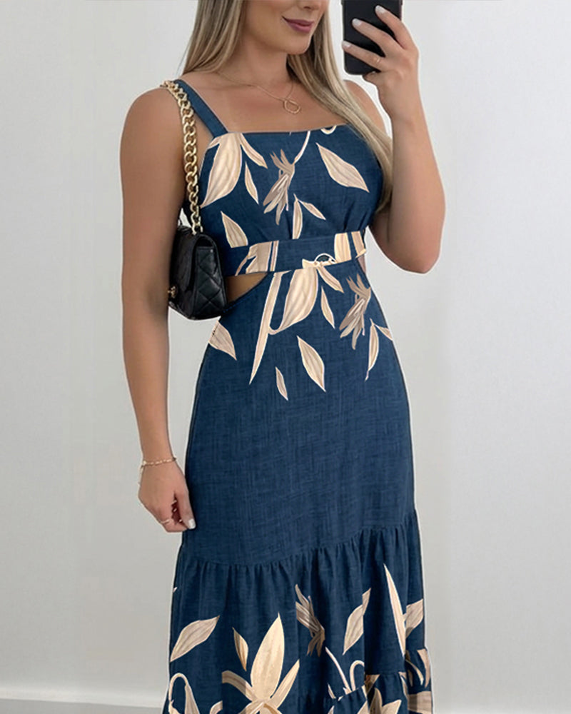 Plants Placement Print Adjustable Straps Cutout Waist Shirred Back Maxi Dress Casual Cinched Waist Ruffle Hem Vacation Dress
