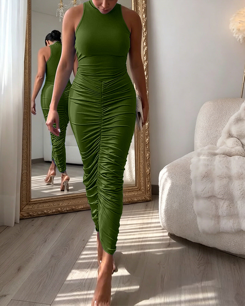 Women's Mock Neck Sleeveless Ruched Bodycon Dress Sexy Racerback Slit Slim Fit Party Dress