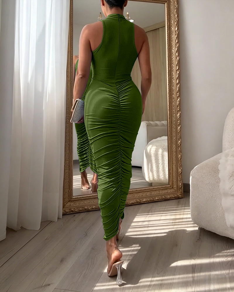 Women's Mock Neck Sleeveless Ruched Bodycon Dress Sexy Racerback Slit Slim Fit Party Dress