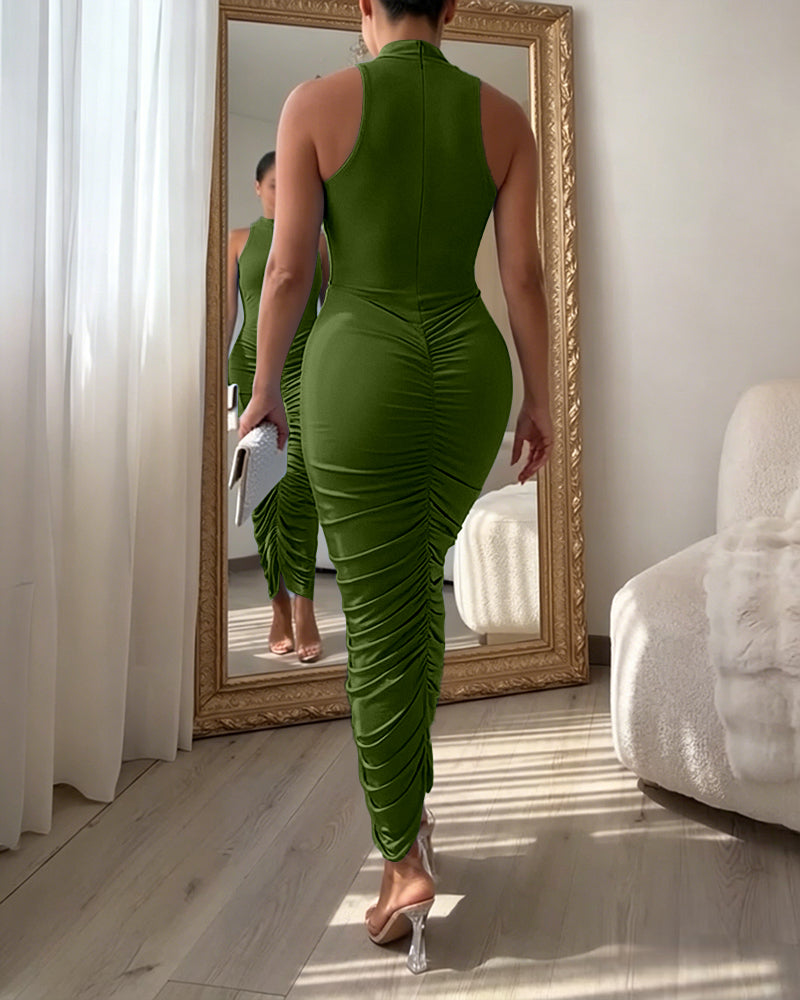 Women's Mock Neck Sleeveless Ruched Bodycon Dress Sexy Racerback Slit Slim Fit Party Dress