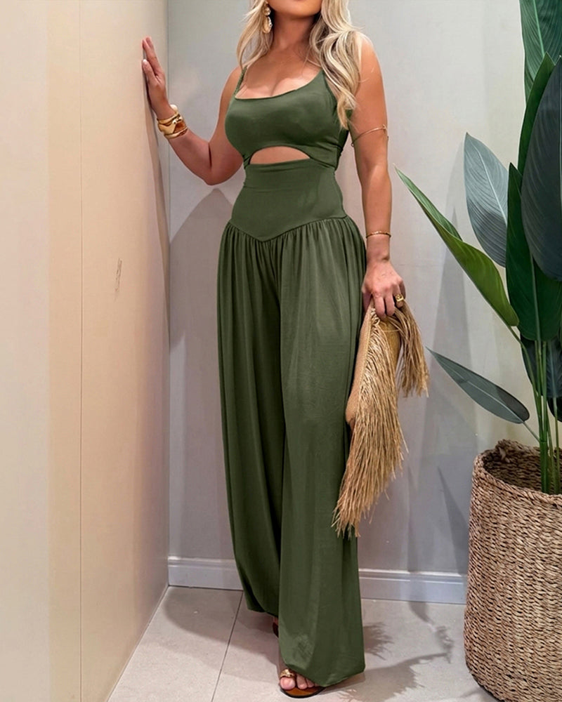 CHICME Women's Cut-out Waist Cami Jumpsuit Backless Tie-Back Lantern Romper Ruched High Waist Summer Jumpsuit