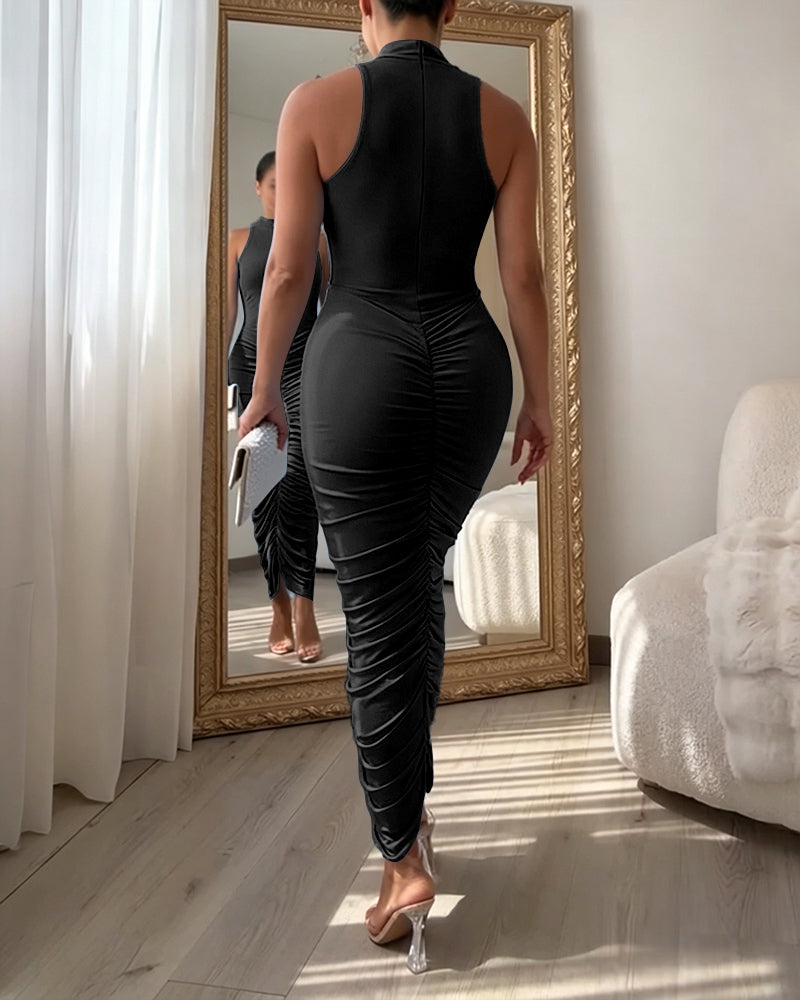 Women's Mock Neck Sleeveless Ruched Bodycon Dress Sexy Racerback Slit Slim Fit Party Dress