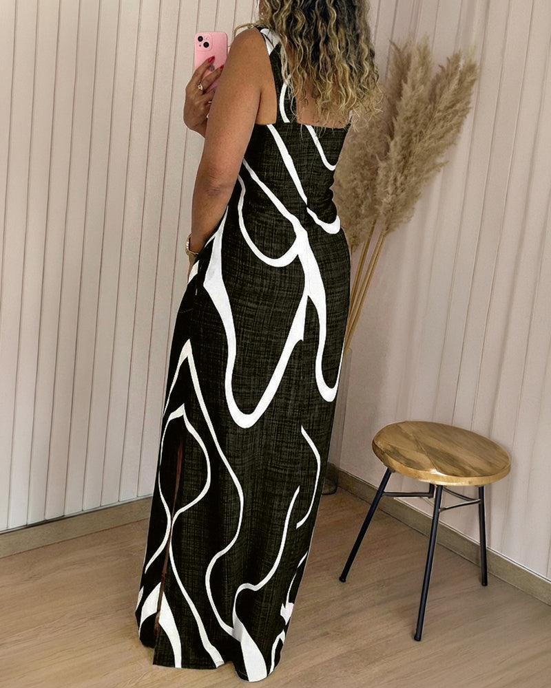 Abstract Print Square Neck Thick Strap Maxi Dress Elegant Side Slit Vacation Dress