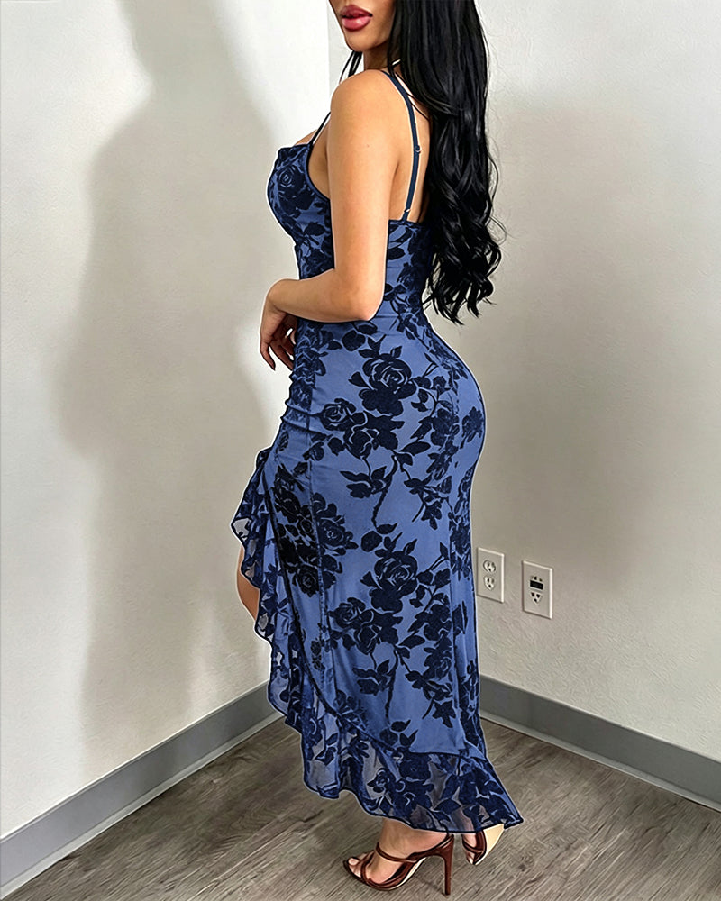 Women's Vintage Flocking Floral Maxi Dress Sexy Cowl Neck Cami Dress High Slit Backless Bodycon Evening Gown
