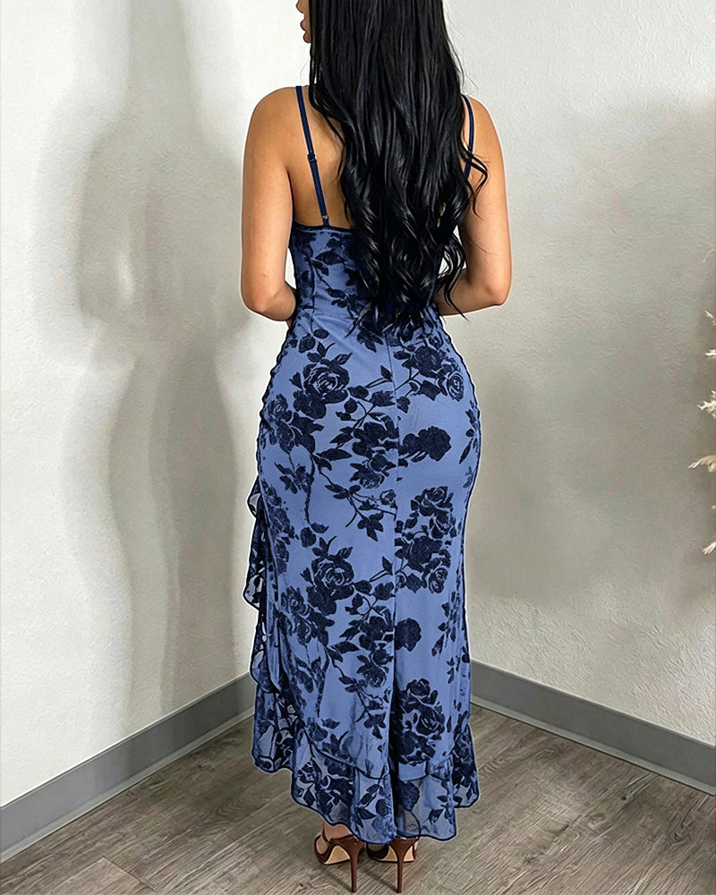 Women's Vintage Flocking Floral Maxi Dress Sexy Cowl Neck Cami Dress High Slit Backless Bodycon Evening Gown