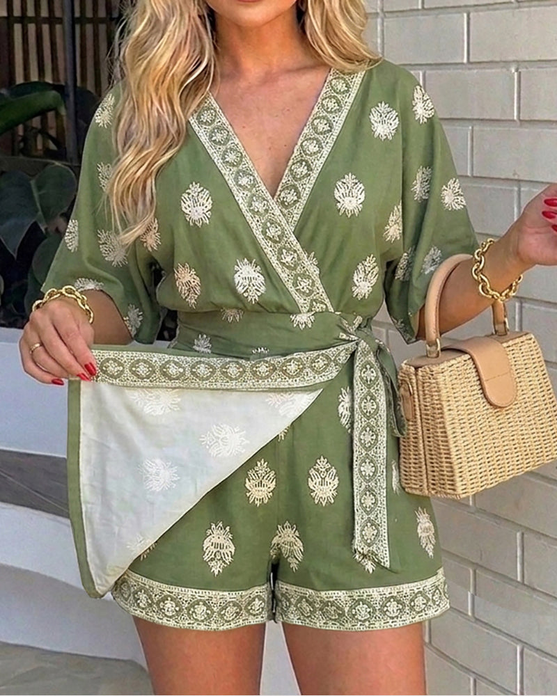 Women's Boho Vintage Print Romper V Neck Wrap Knot Side Jumpsuit Half Sleeve Beach Vacation Summer Skorts Romper
