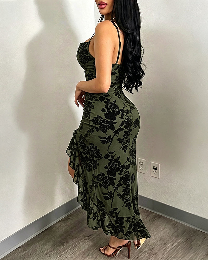 Women's Vintage Flocking Floral Maxi Dress Sexy Cowl Neck Cami Dress High Slit Backless Bodycon Evening Gown