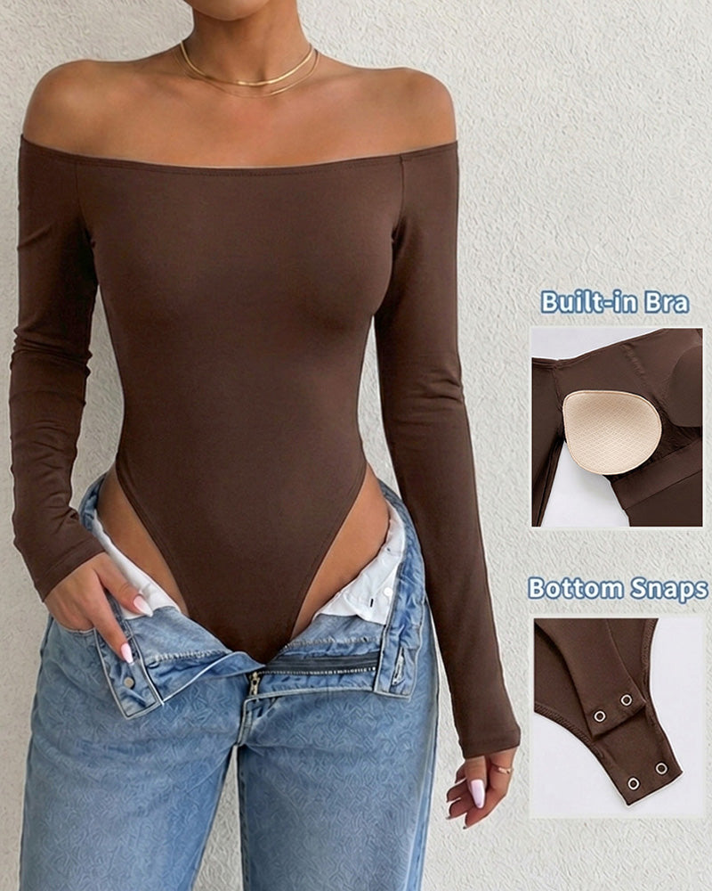 Women's Off Shoulder Bodysuit Minimalist Long Sleeve Sexy Slim Fit Bodysuit with Built-In Bra