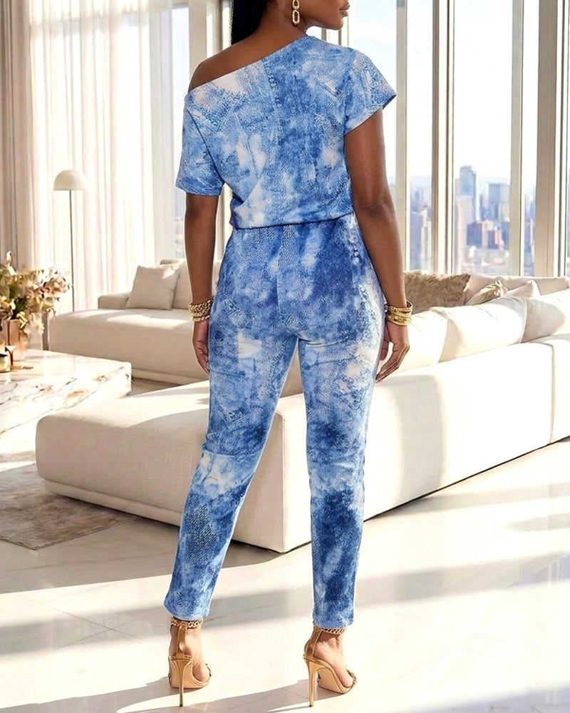 Women's Denim Look Print Skew Neck Jumpsuit Short Sleeve Drawstring Waist Slim Fit Overalls