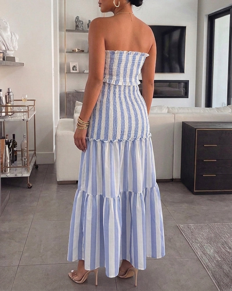 Women's Striped Tube Maxi Dress Sexy Cutout Bodycon Mermaid Dress Ruched Shirred Drawstring Vacation Dress