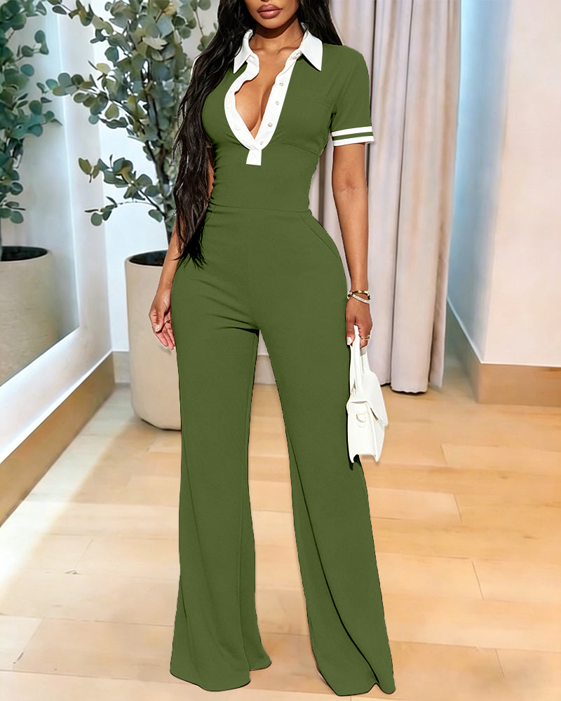 Women's Contrast Polo Neck Jumpsuit Short Sleeve Bodycon Romper Flared Leg Overalls with Snap Button Placket