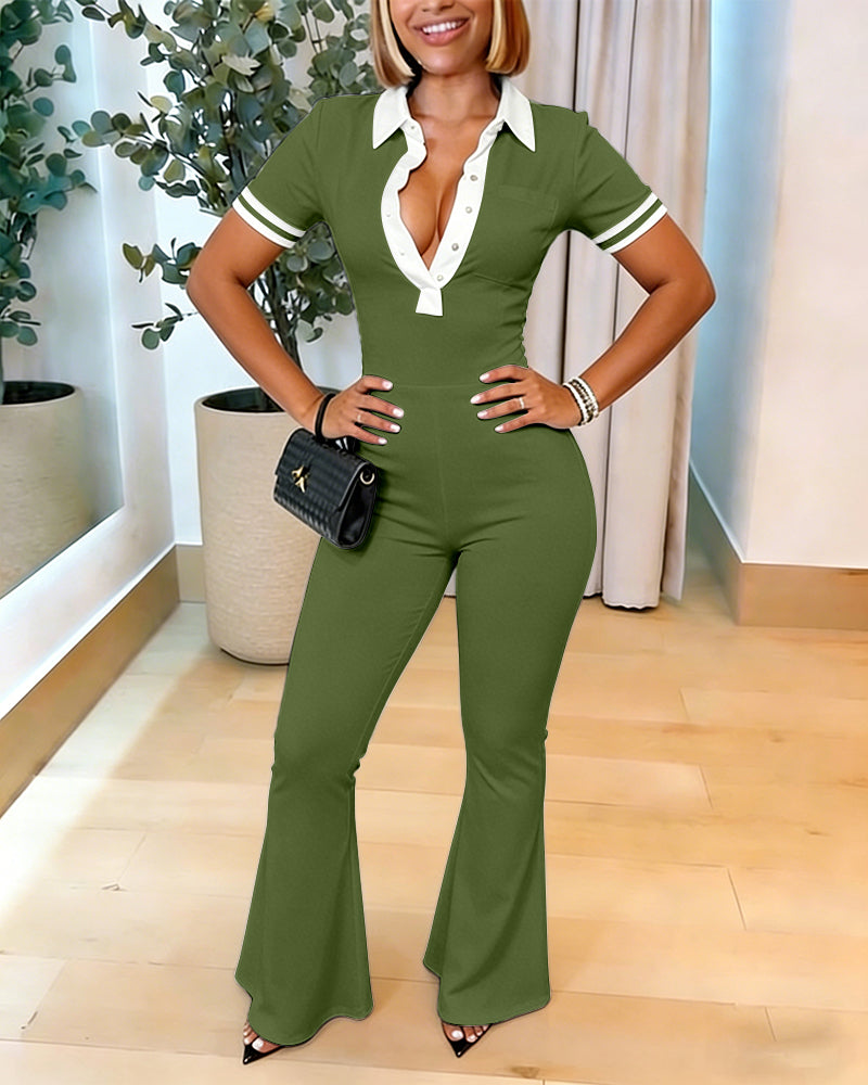 Women's Contrast Polo Neck Jumpsuit Short Sleeve Bodycon Romper Flared Leg Overalls with Snap Button Placket