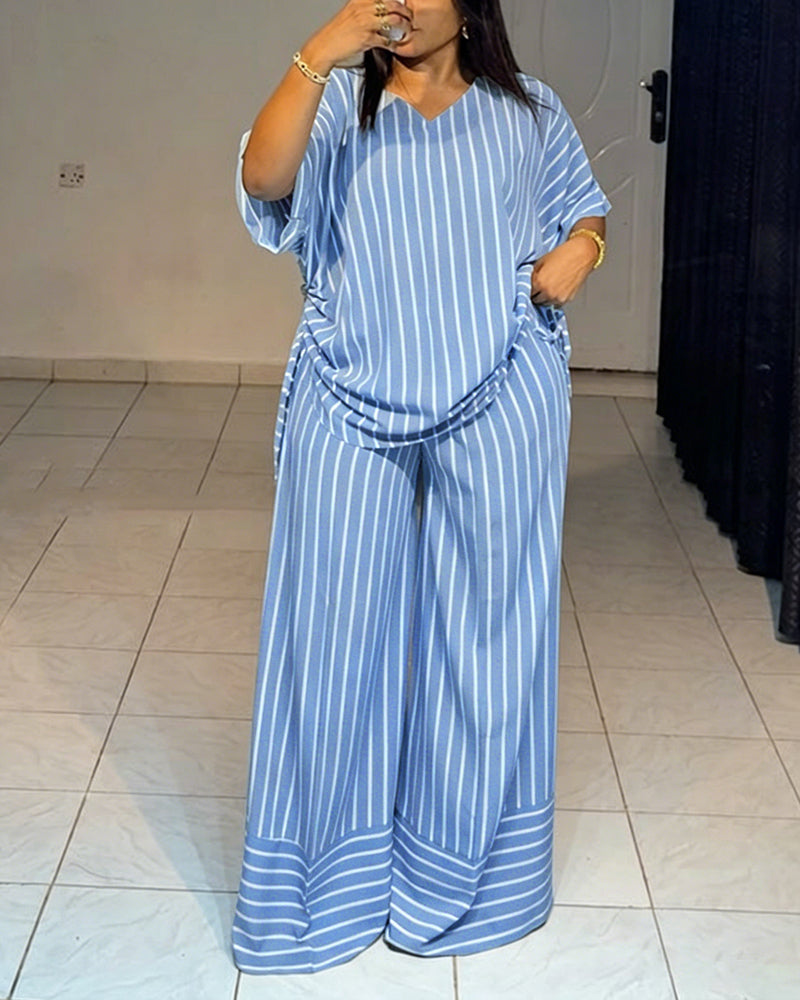 Women's Striped 2 Piece Outfits V Neck Short Sleeve Drawstring Top and Wide Leg Pants Set with Pockets