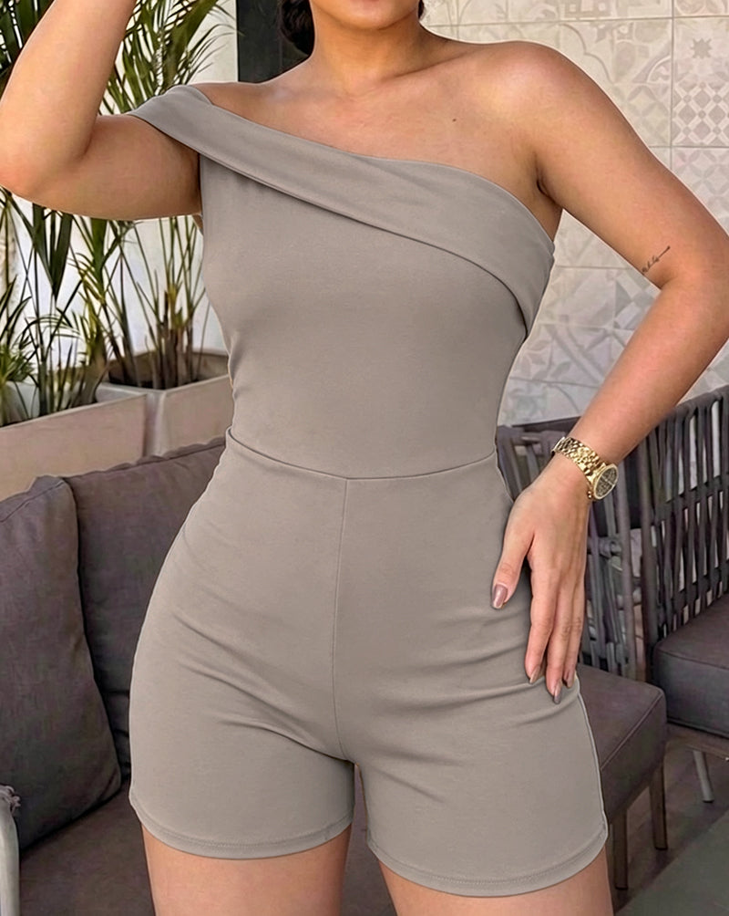 Women's Foldover One Shoulder Romper Slim Fit Sleeveless High Waist Romper