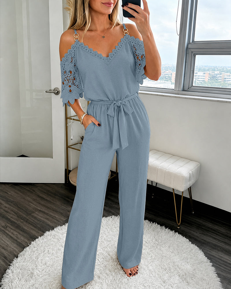 Women's Cold Shoulder Jumpsuit Gold Chain Lace Patchwork Overalls Tapered Leg Jumpsuits with Pockets & Belt
