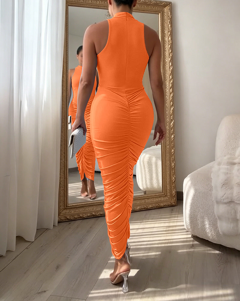 Women's Mock Neck Sleeveless Ruched Bodycon Dress Sexy Racerback Slit Slim Fit Party Dress