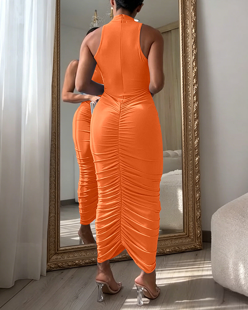 Women's Mock Neck Sleeveless Ruched Bodycon Dress Sexy Racerback Slit Slim Fit Party Dress