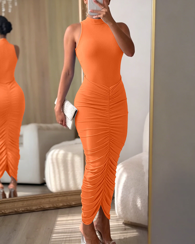 Women's Mock Neck Sleeveless Ruched Bodycon Dress Sexy Racerback Slit Slim Fit Party Dress