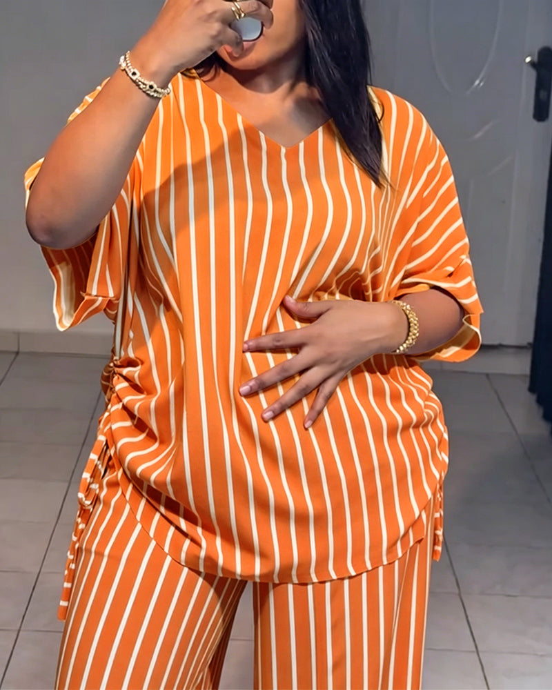 Women's Striped 2 Piece Outfits V Neck Short Sleeve Drawstring Top and Wide Leg Pants Set with Pockets