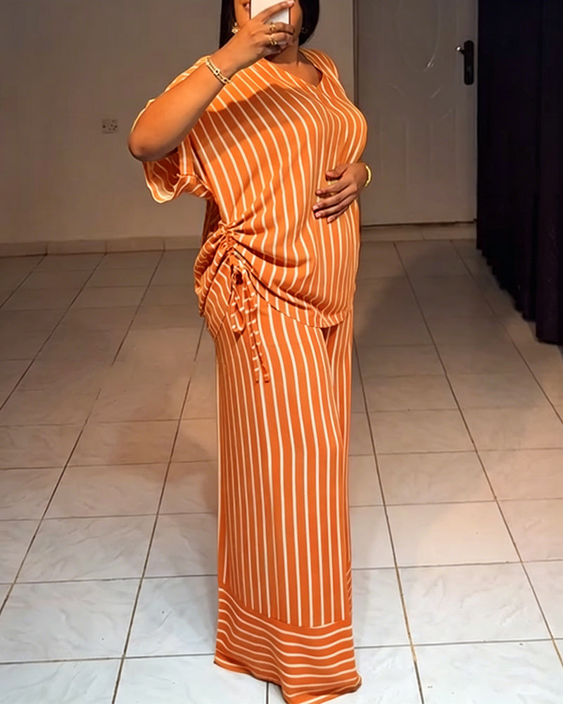 Women's Striped 2 Piece Outfits V Neck Short Sleeve Drawstring Top and Wide Leg Pants Set with Pockets