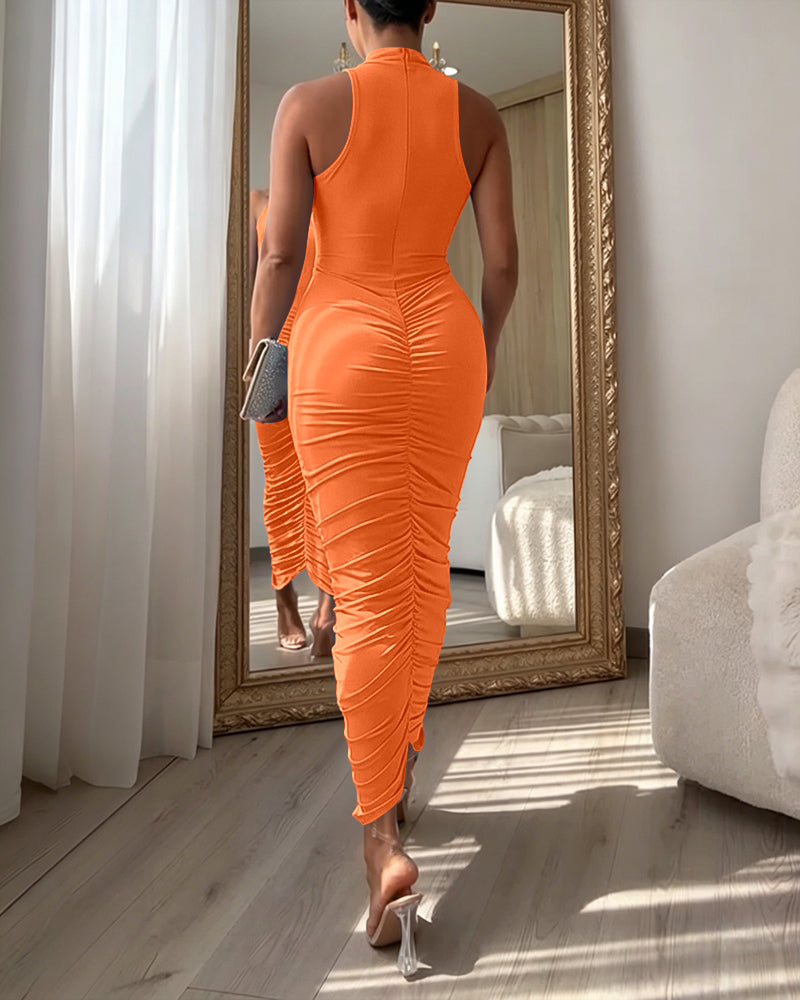 Women's Mock Neck Sleeveless Ruched Bodycon Dress Sexy Racerback Slit Slim Fit Party Dress